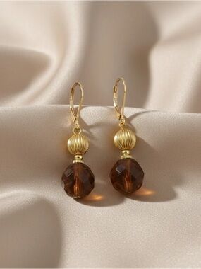 NWT 1928 Glass Smoke Topaz & Corrugated Bead Dangling Earrings